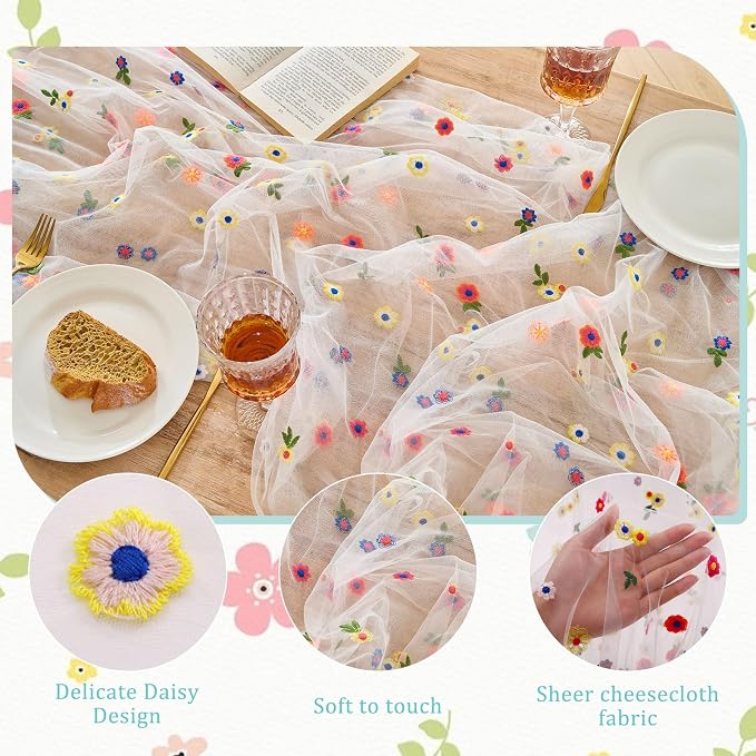 BINBE 12pcs Daisy Spring Table Runner Embroidery Gauze 10FT Florals Seasonal - Image 3