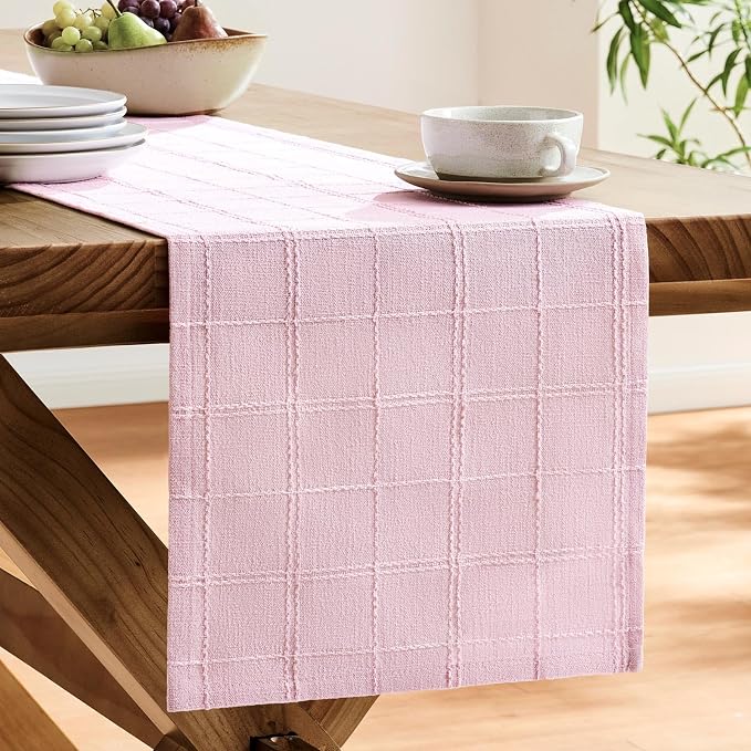 Linen Checked Farmhouse Table Runner, 13x48 Inches Pink | Raised Grid Design - Image 4