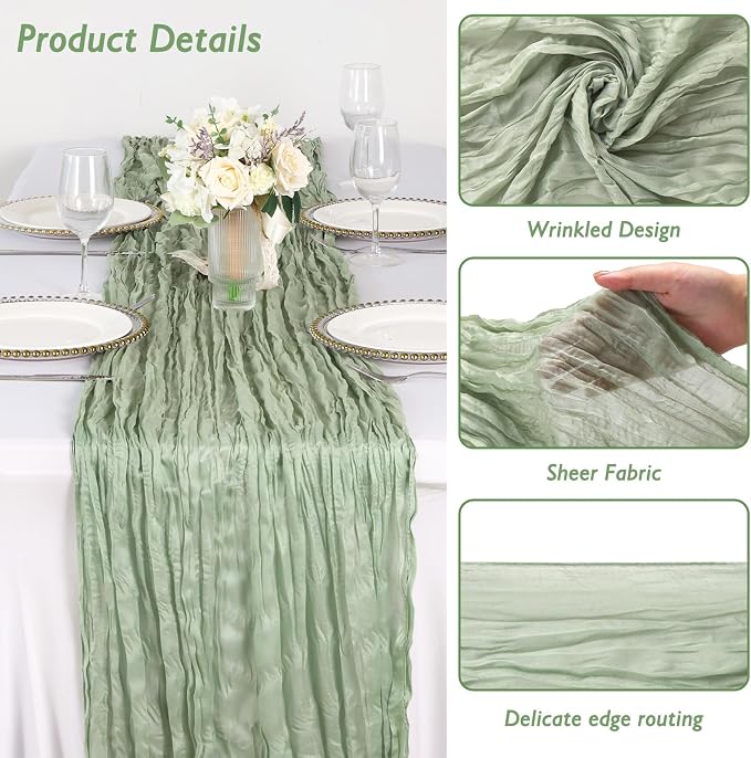 6 Pack Sage Green Cheesecloth Table Runner 120 Inch Boho Wedding Decor | - Image 3