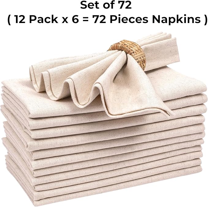Bedding Craft Linen Flax Cotton Cloth Napkins 18x18 Set of 72 – Natural with 1" Fold & Mitered Corners – Machine Washable Reusable Fabric Napkins for Weddings, Events, Parties & Dining (6 Dozen)