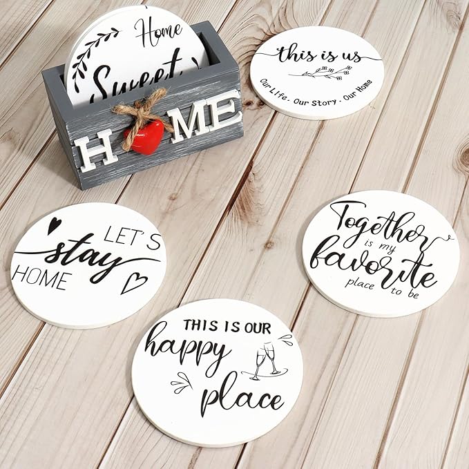 Housewarming Gifts for Home Christmas Coasters Gifts for New Home Decoration Wooden Heart Coasters for Drinks 6 Set Funny Farmhouse Coaster with Holder for Housewarming (White)