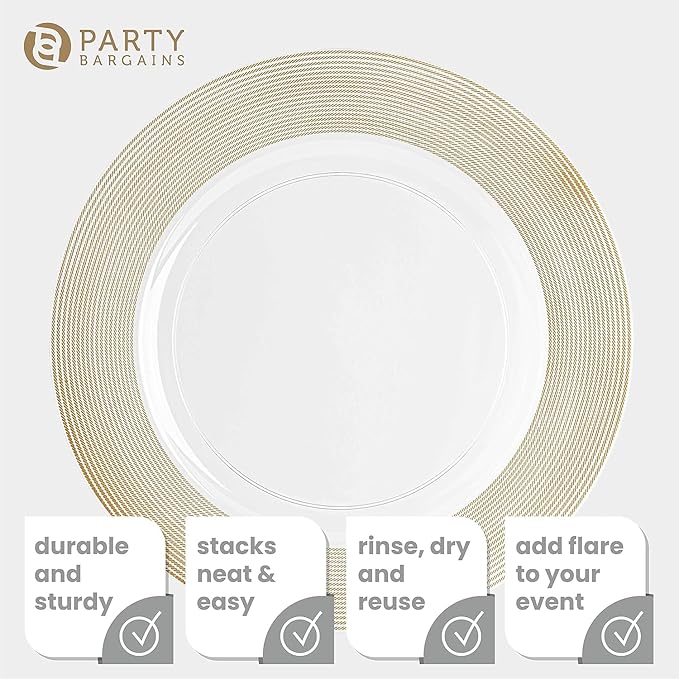 PARTY BARGAINS 13-Inch Charger Plates - 16 Pack, Clear Gold Rope Textured Rim, Heavy-Duty Disposable Chargers for Elegant Dining - Ideal for Weddings and Formal Events