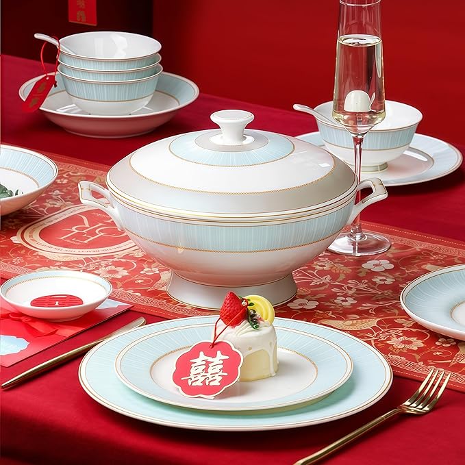 40 Pcs Fine Bone China Dinnerware Set, Porcelain & Ceramic Dinnerware Sets, Bone Stoneware & Ceramic Cookware Tableware Set Includes Dinner Plates|Spoons|Pasta Bowls|Soup Pot|Chopsticks