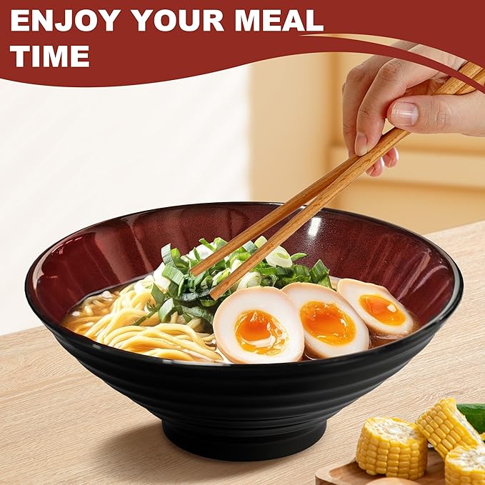 9.4-Inch 4 Sets Ceramic Ramen Bowl (16 Piece) - Japanese Porcelain Dishwasher Microwave Safe Salad Noodles Cereal Pasta Soup Large Bowls with Chopsticks Forks Spoons for Men Women Housewarming Gift