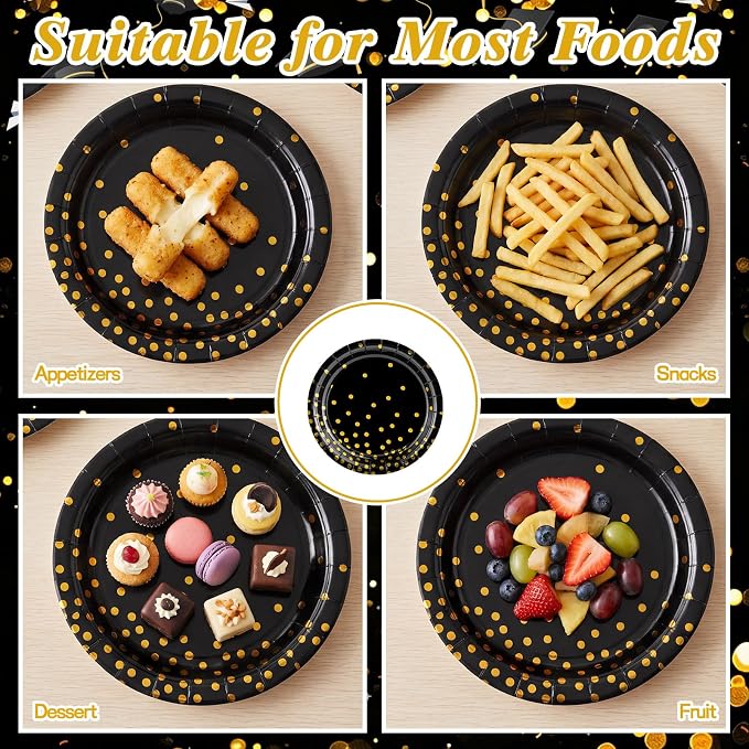 NatNarr 25 Set Black Gold Plates and Napkins Set, 6.5" Napkins, - Image 3