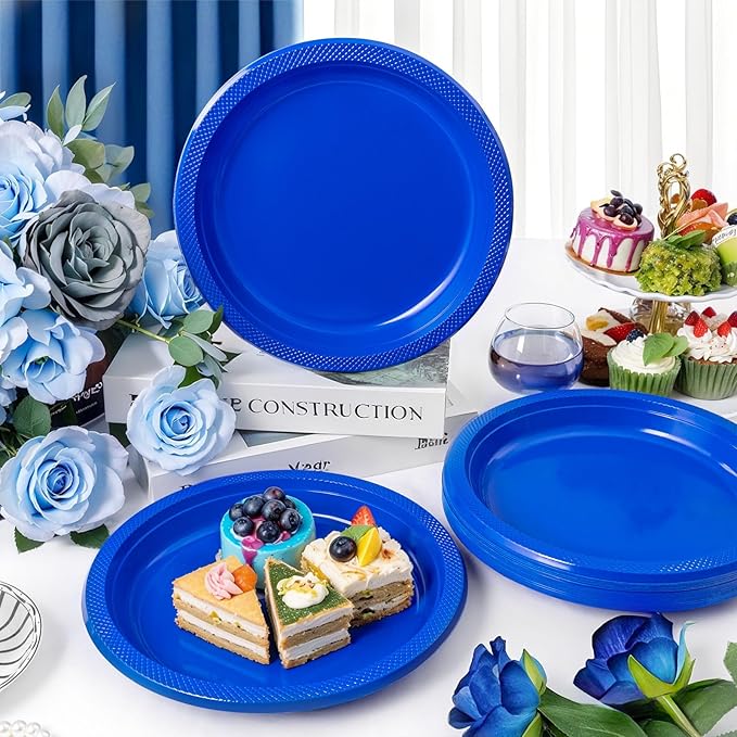 WELLIFE Royal Blue Party Plates 10 Inch -150 Count, Disposable Plastic Dark Blue Dinner Plates for New Year Party Dessert Cake Appetizer