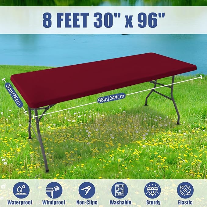 Spandex 8 Foot Rectangle Table Cloth 2 Pack, Elastic Fitted Tablecloths for Picnic, Stretch Washable Patio Table Cover for Outdoor, Camping, Banquet and Parties (Wine Red, 30"x96")