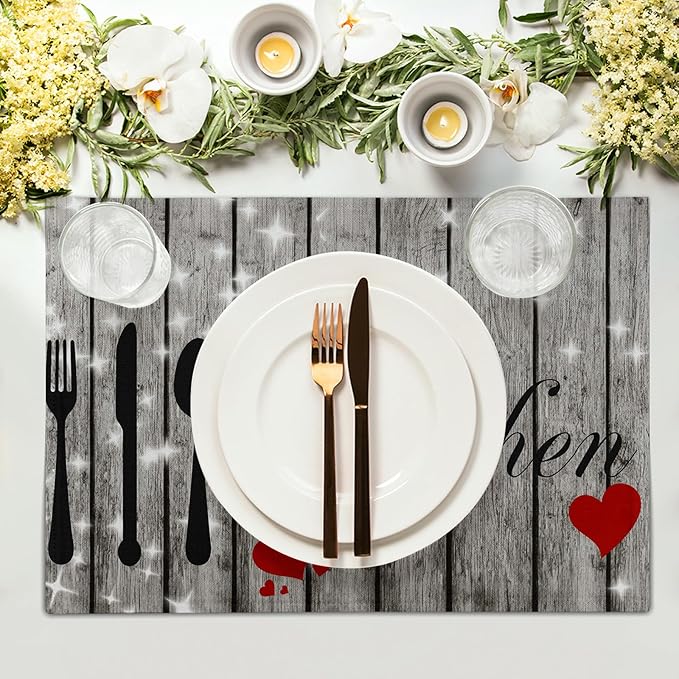 Farmhouse Kitchen Table Placemats - Rustic Place Mats Set of 4 Heart Wood Table Mats 12x18 for Party Kitchen Dining Grey