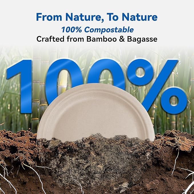 9 Inch Heavy Duty Paper Plates 125 Pack – Sturdy Disposable Plates, Compostable Biodegradable Sugarcane & Bamboo Fiber, Natural Paper Plate for Dinner Camping Everyday Use