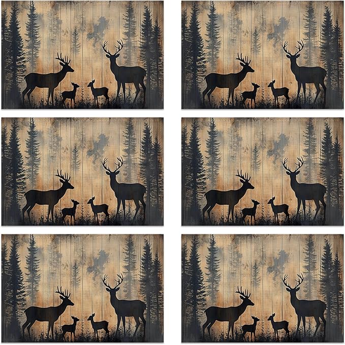 Rustic Deer Forest 12x18 Inch Placemats Set of 6 - Waterproof, Non-Slip & Washable Rustic Wildlife Moose Forest Animal Table Mats for Kitchen & Dining Table Placemats