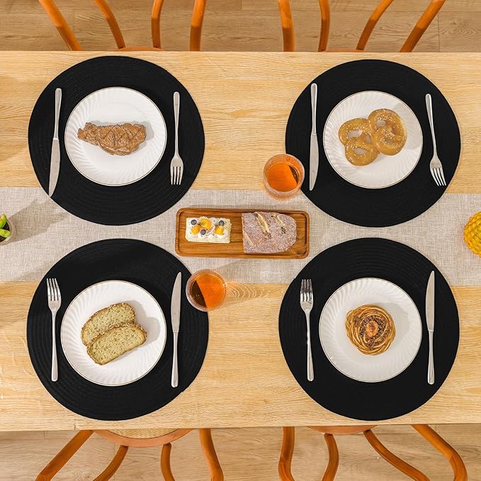 SHACOS Round Braided Placemats Set of 8 Washable Cotton Polyester Woven Round Table Mats for Dining Tables 15 inch (Black, 8)