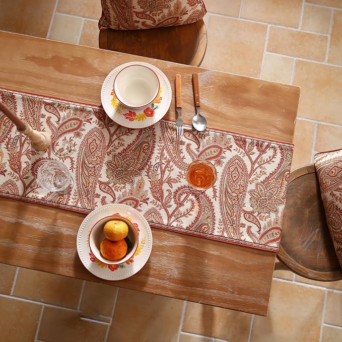 Designer French Linen Extra Long Table Runner, Cashew Pattern, Dining Table - Image 7
