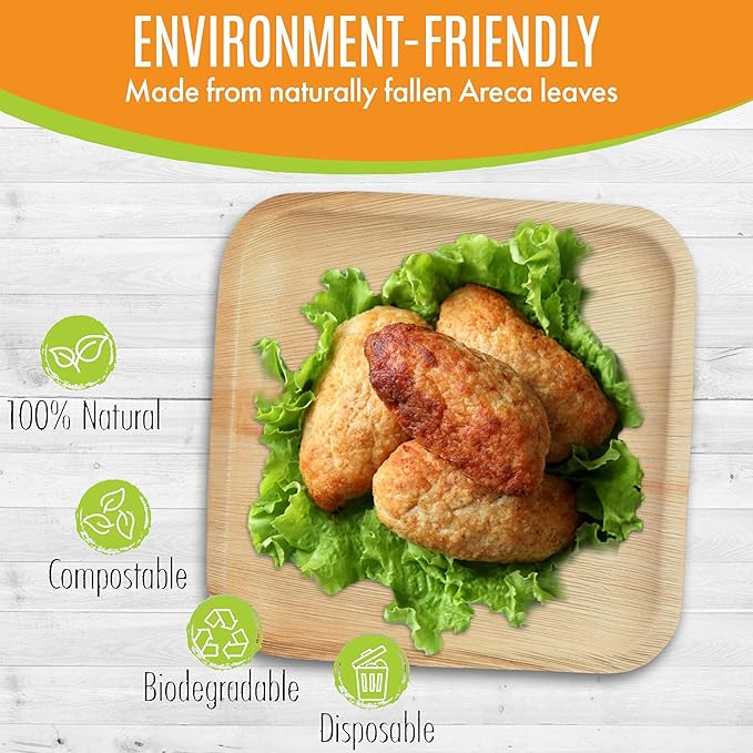Raj Palm Leaf Plates Bulk [50-Pack] 10" Square Plates (5 CASES - 250 PACK) like Bamboo plates Disposable, Strong, Decorative Compostable Tableware for weddings, Lunch, Dinner, Birthday, Camping