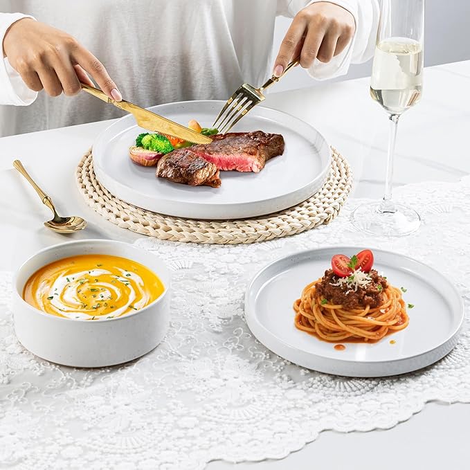 AmorArc Ceramic Dinner Plates Set of 6, 10.25 Inch Stoneware Plates for Kitchen,Modern Flat Dinnerware Dishes Set,Microwave& Dishwasher Safe, Scratch Resistant-White