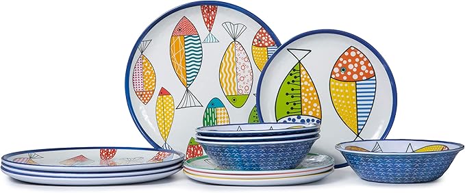 Melamine Dinnerware set for 4, Plates and Bowls Sets, Great for Camper, RV, Indoors Outdoors Use with Ocean Printed, Unbreakable