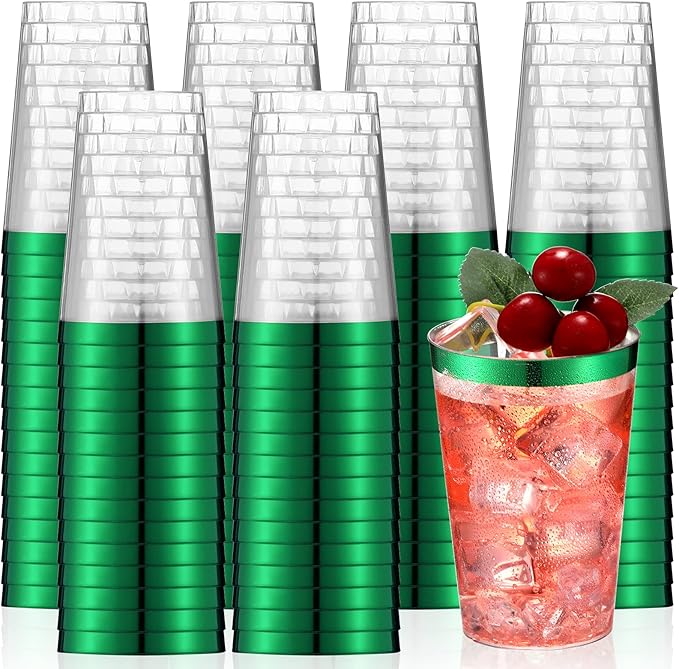 Patelai 100 Pcs Green Plastic Cups 12 oz Green Rimmed Plastic Cups Heavy Duty Disposable Wine Glasses Clear Cocktail Glasses Drinking Tumblers for Party Wedding Christmas Birthday