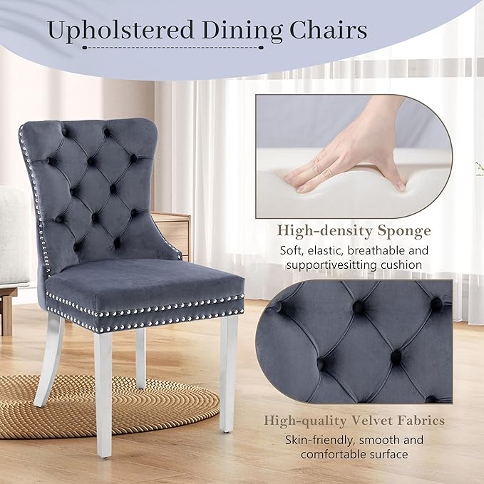 KCC Velvet Dining Chairs Set of 2, Upholstered High-end Tufted Dining Room Chair with Nailhead Back Ring Pull Trim Stainless Steel Legs, Contemporary Nikki Collection Modern Style for Kitchen, Gray