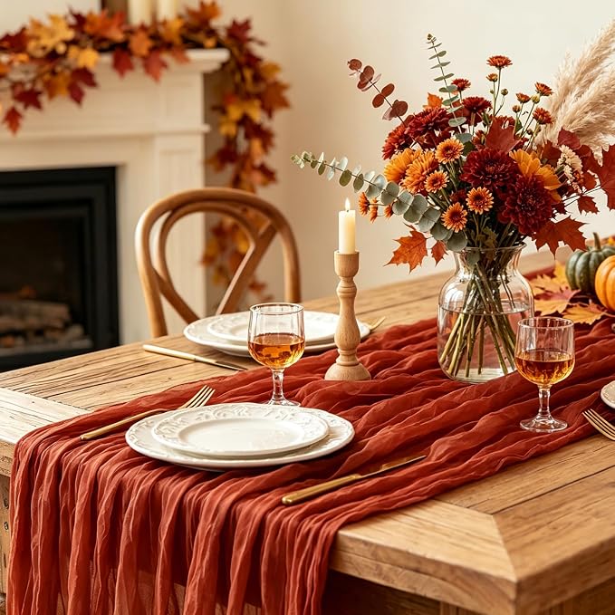Fall Table Runner, 10FT Thanksgiving Terracotta Cheesecloth Table Runner - Image 5