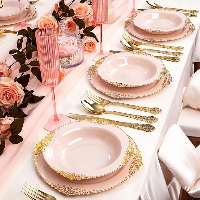 100PCS Pink Plastic Bowls - 12 oz Pink Gold Disposable Salad Bowls - Heavy Duty Disposable Soup Bowl - Fancy Plastic Ice Cream Bowl for Weddings Valentine's Day Parties Dinners Picnics