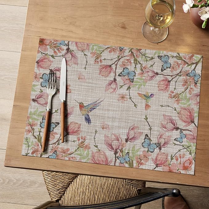 Artoid Mode Birds Flower Butterfly Placemats Set of 4, 12x18 Inch Plastic Woven Wipeable Non-Slip PVC Place Mats for Party Kitchen Dining Decor