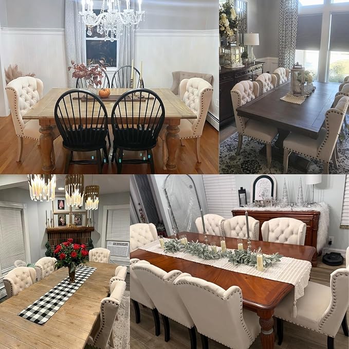 chairus Tufted Parsons Dining Chairs Set of 2, French Country Upholstered Dining Room Chairs with Nailhead Trim & Curved Wood Legs, Farmhouse High Back Armless Side Kitchen Chairs, Beige Linen