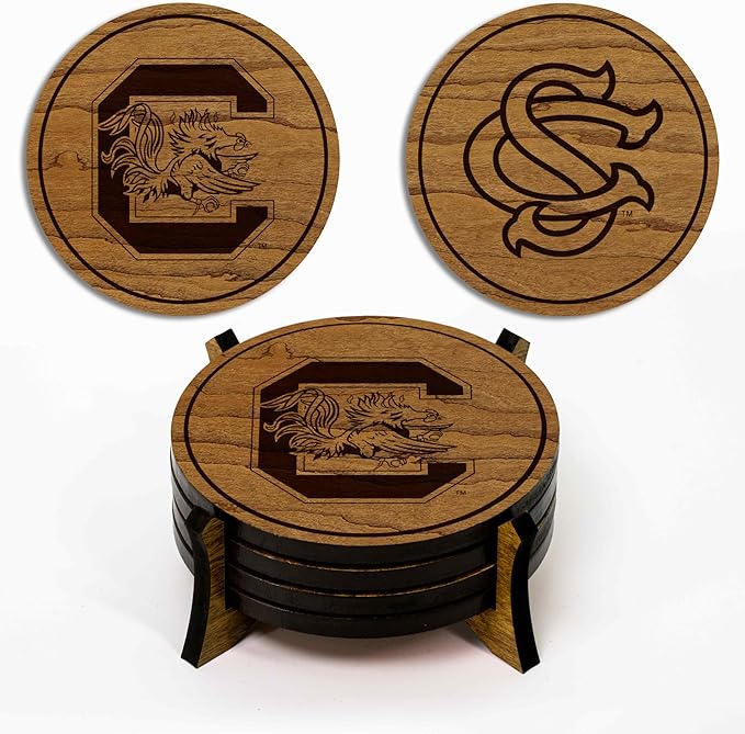 LazerEdge South Carolina Gamecocks Wooden Coaster Set - Cherry Wood - Officially Licensed Product - 4-Pack
