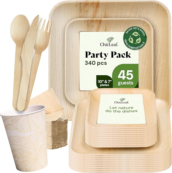 Chic Leaf Compostable Palm Leaf Plates & Cups Set - 10 In & 7 In Pack of 45, Natural - Biodegradable Tableware & Disposable Plates & Cups - Durable Bamboo Utensils, Valentine's Romantic Table Setting