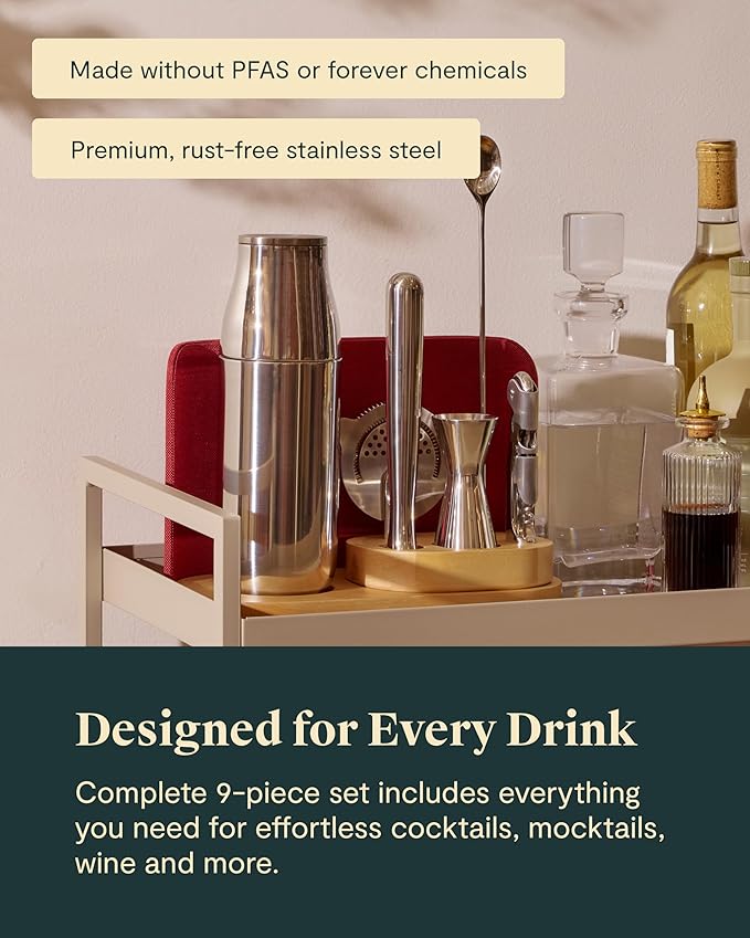 Caraway 9-Piece Complete Bar Set - Cocktail Shaker, Jigger, Muddler, Wine Key, Strainer, Bar Spoon, Storage Organizer, Magnetic Backer - Bartender Accessories - Tools for Home Bartending - Navy