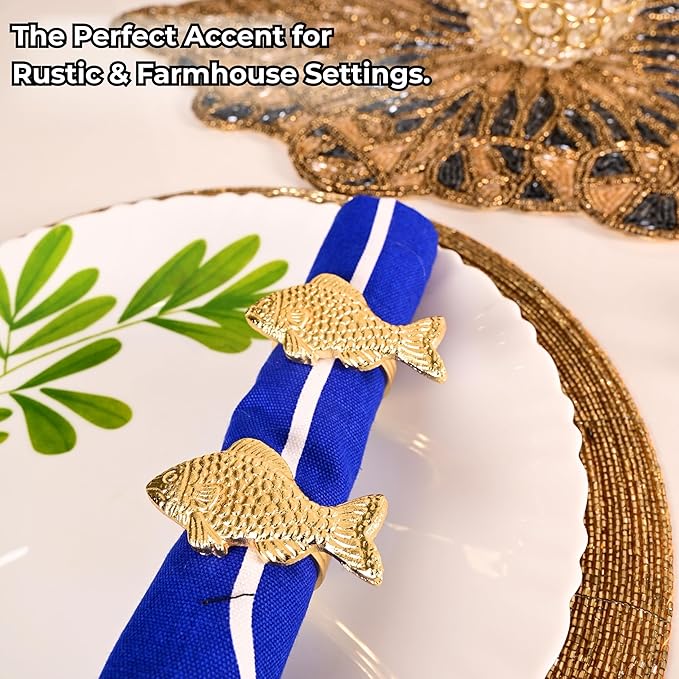 ALPHA Living HOME 12 Pcs Decorative Fish Metal Napkin Ring for Table Settings Napkins Ring for Dining, Anniversary, Birthday, Romantic Dinner, Holiday, Party of Table Setting, Wedding Table (Gold)