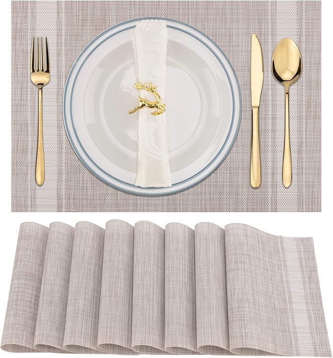 Winknowl Placemats Set of 8, Heat Resistant Non-Slip Vinyl Woven Table Mats for Dining Table, Washable Durable Elegant Place Mats for Kitchen Indoor/Outdoor Use (Beige White)