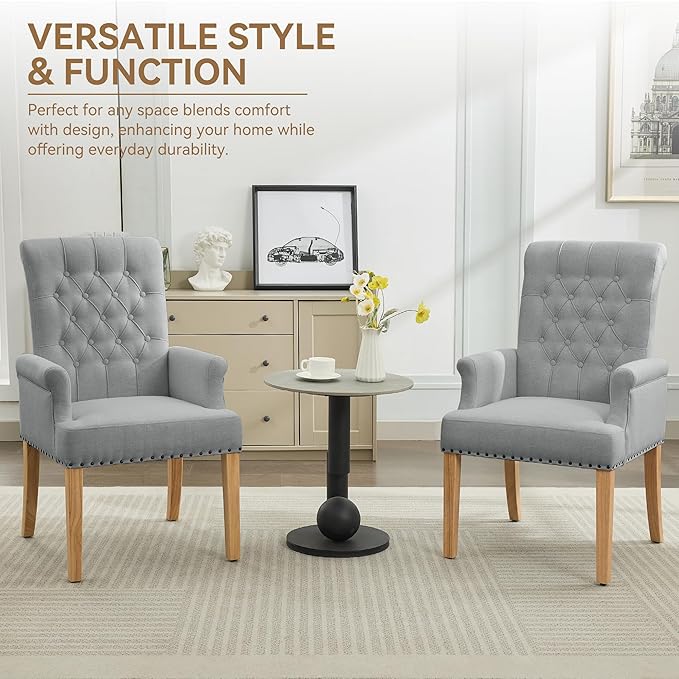 Fabric Dining Chair with Arms, Upholstered Tufted High Back Dining Room Chairs, Accent Armchair with Solid Wood Leg and Nailhead Trim, Kitchen Dining Living Room, Light Grey