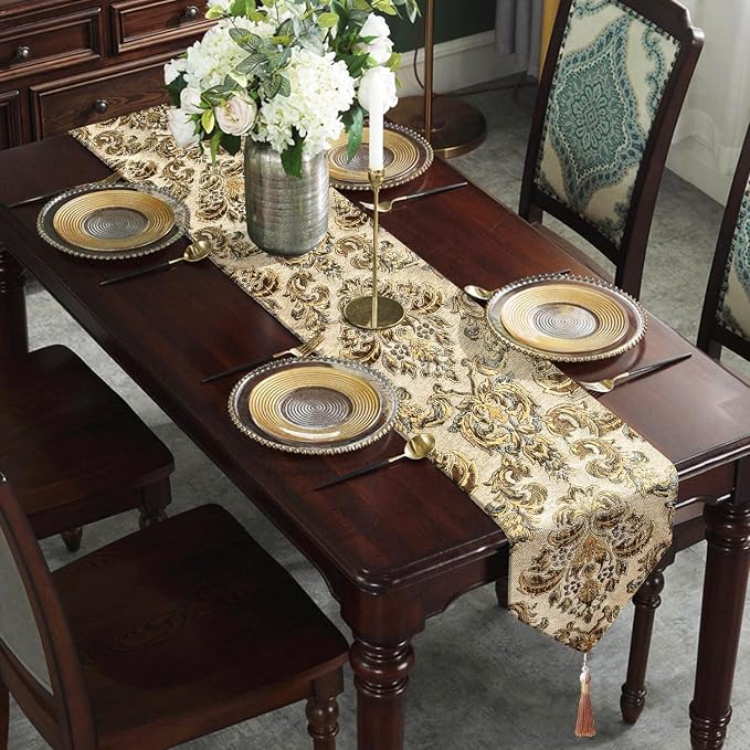 Vintage Table Runners 72" Beige Chenille Jacquard European Floral Pattern | - Image 3