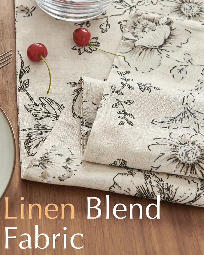 jinchan Black Floral Linen Table Runner 13 x 72 Inch Rustic | Vintage floral - Image 4