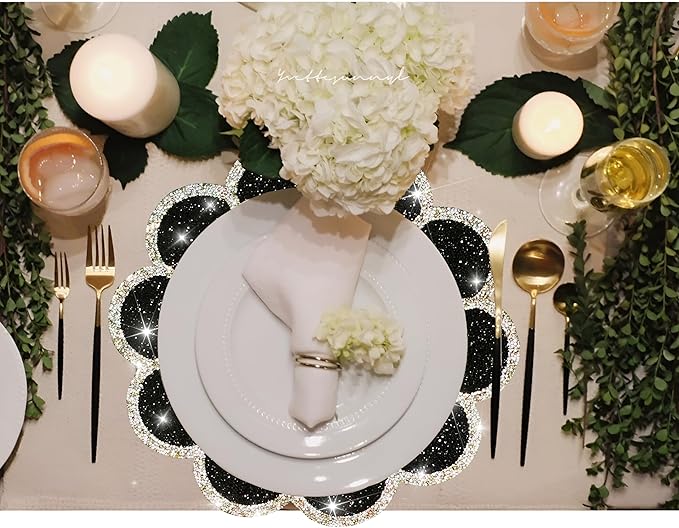 Washable Waterproof Diamond Circle Placemats for Round Tablescape Decor for Dinner and Kitchen Bling Placemats for Weddings & Special Events (Black)