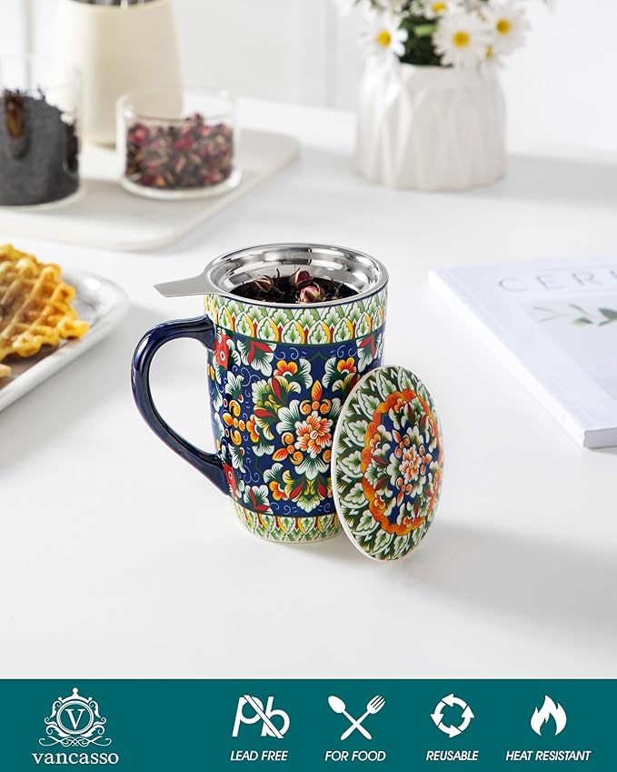 vancasso Ceramic Tea Mug with Infuser and Lid, 18 Ounce Bohemian Loose Leaf Cup, Microwave & Dishwasher Safe, Perfect for Tea, Coffee, Sage-Scarlet Floral