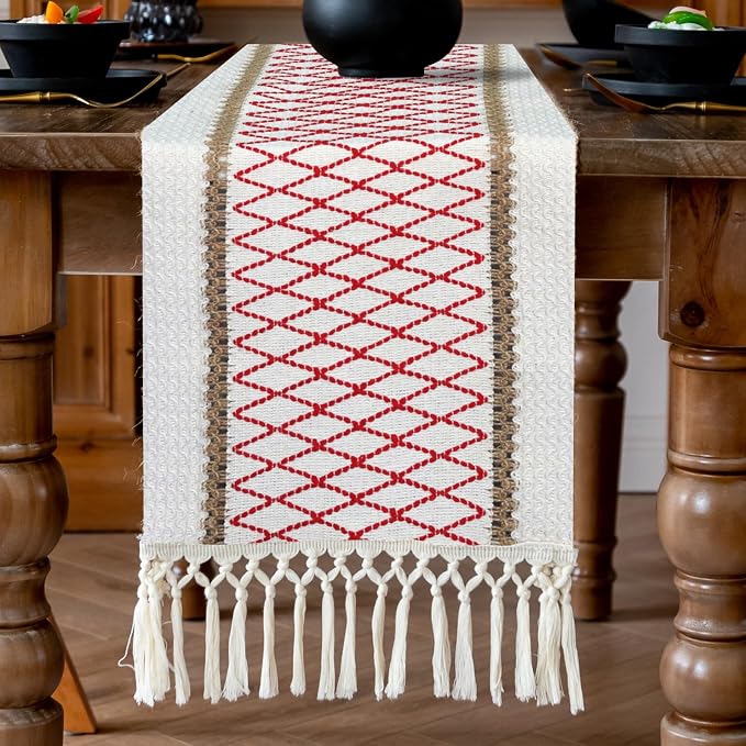 EMMTEEY Macrame Table Runner Boho Style 36 Inches Long, Hexagonal Red | Handmade - Image 5