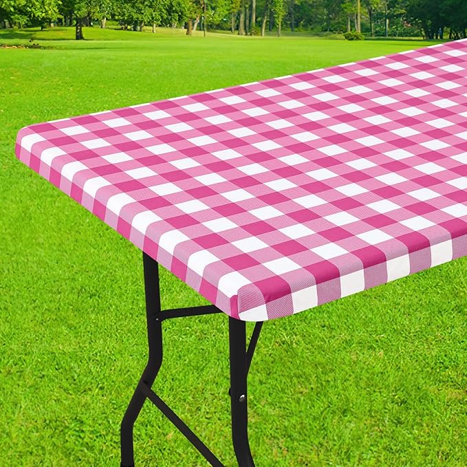Smiry Rectangle Picnic Table Cloth, Elastic Waterproof Fitted Vinyl Tablecloths, Flannel Backed Buffalo Plaid Table Covers for Dining, Camping, Outdoor (Hot Pink and White, 30" x 60")