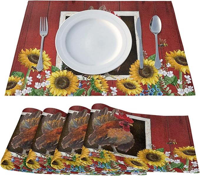 Watercolor Red Barn Cock Placemat Set of 4, Rooster Sunflowers Heart Heat-Resistant Washable Table Place Mats for Kitchen Dining Table Decoration