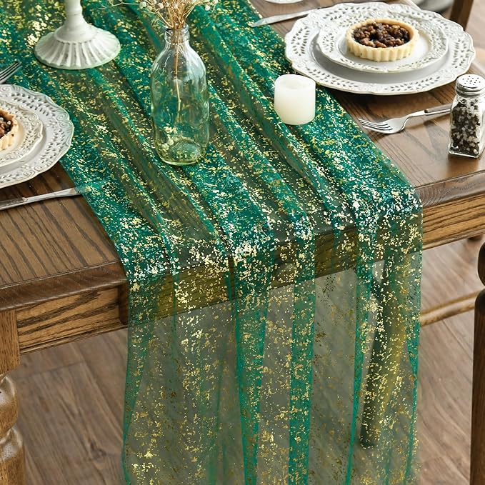 Artoid Mode Green Gold Gauze Table Runner 120 Inch 10Pcs, Glitter Metallic Foil Sheer Dining Wedding Anniversary Holiday Table Decor for Home Party