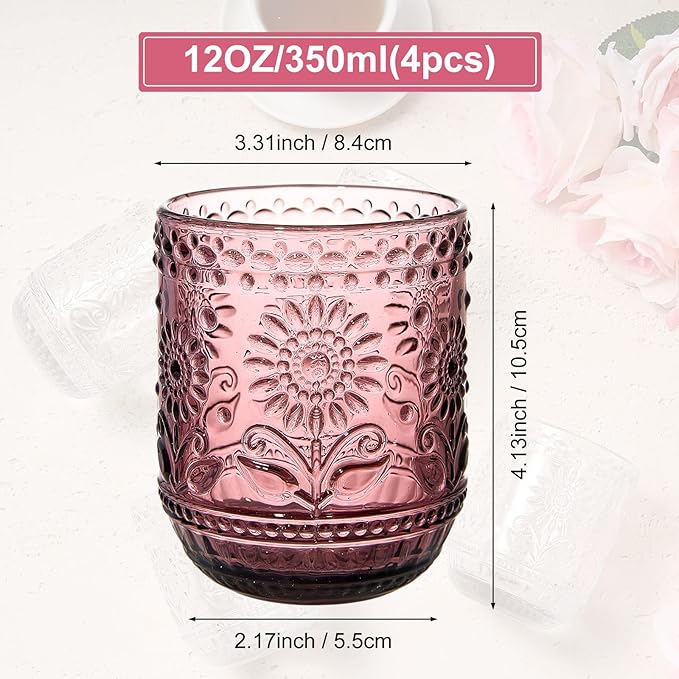 4 Pack 12 Oz Vintage Glassware Drinking Glasses Set, Embossed Floral Decorative Glassware Set for Whiskey, Beer, Juice, Wine（Multicolor）