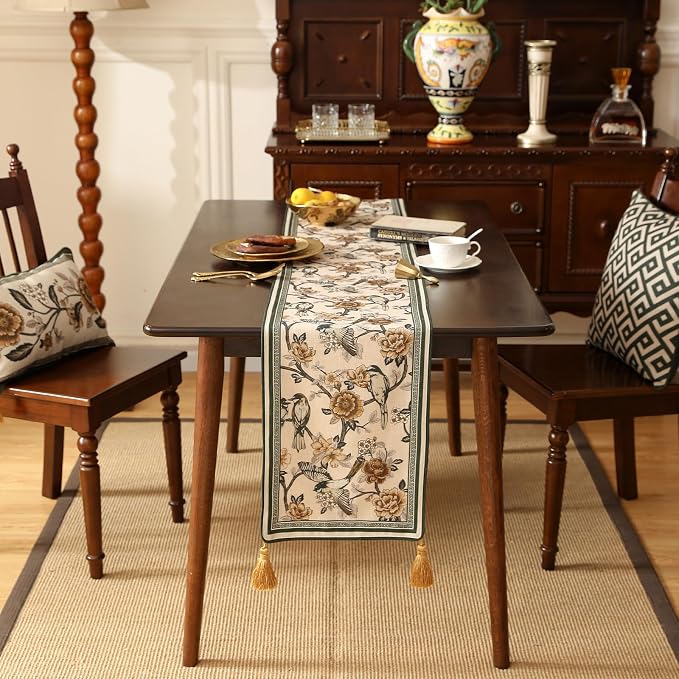 Designer French Linen Long Table Runner, Floral and Bird Pattern, Dining Table - Image 6