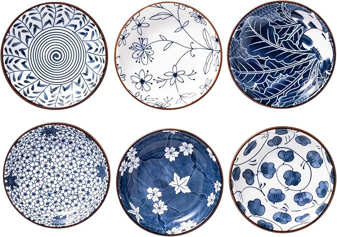Japanese Style Ceramic Dipping Bowls,4'' Side Dishes Soy Sauce Dish for Sushi Dip,Snack,3 Oz Small Blue and White Pinch Bowl for Kitchen Prep - Set of 6 (4 inch)
