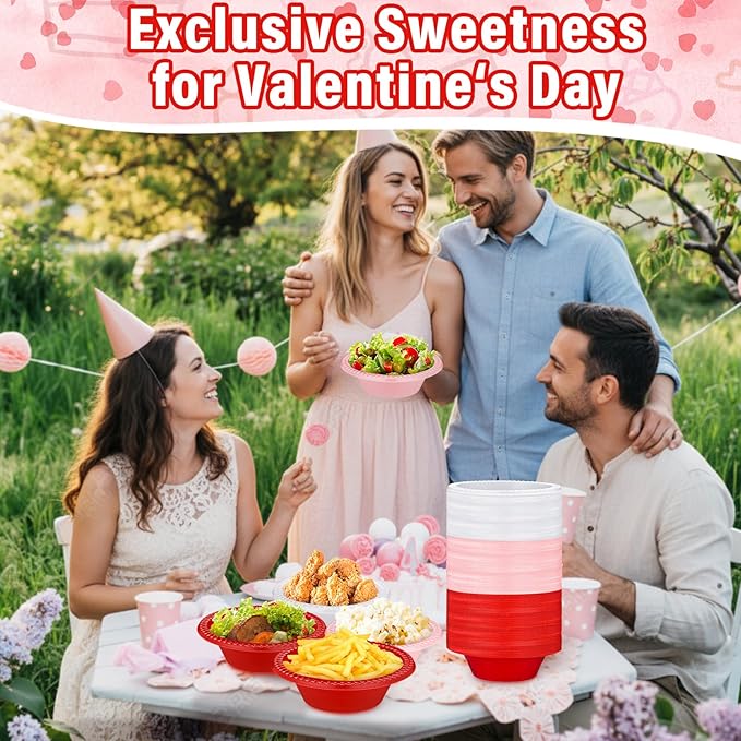 Layhit 100 Pcs Valentine's Day Plastic Bowls 12 oz Red Pink White Disposable Plastic Dessert Serving Party Supplies Salad Candy Snack Bowls for Holiday Wedding Party Picnic