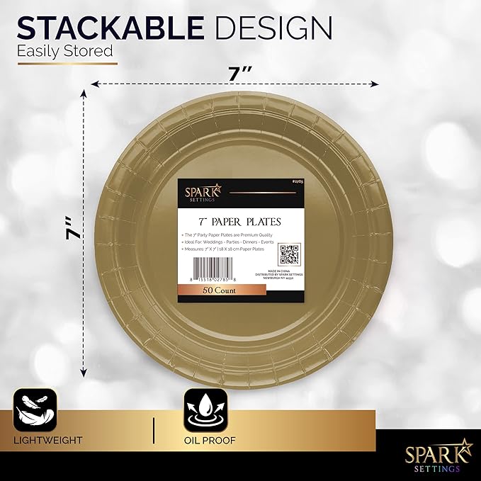 Disposable Paper Plates Gold, 7 Inch Paper Dessert Plates, Strong and Sturdy Disposable Plate for Party, Dinner, Holiday, Picnic, or Travel Party Plate, Pack of 50
