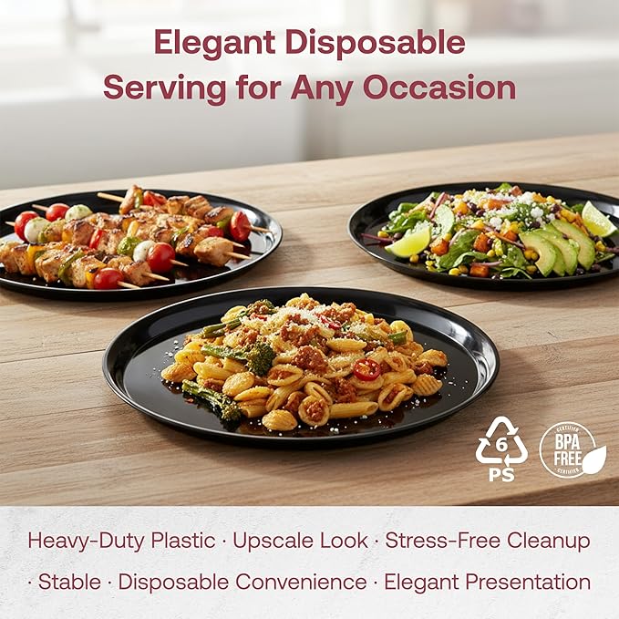 Smarty Had A Party 12 Inch Black Round Plastic Serving Tray – Heavy-Duty Party Platters & Catering Trays, Reusable or Disposable Plastic Trays for Serving Food, Elegant Party Tray Set of 25