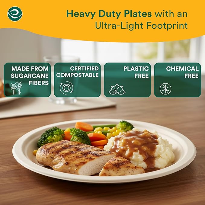 ECO SOUL 100% Compostable Paper Plates 10 Inch [1000-Pack] Biodegradable Heavy Duty Eco-Friendly Disposable Plates for Dinner, Parties, Wedding & Event