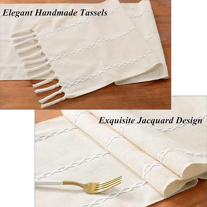 Wracra Rustic Linen Table Runner, Ivory Table Runners 108 inches Long | Raised - Image 2