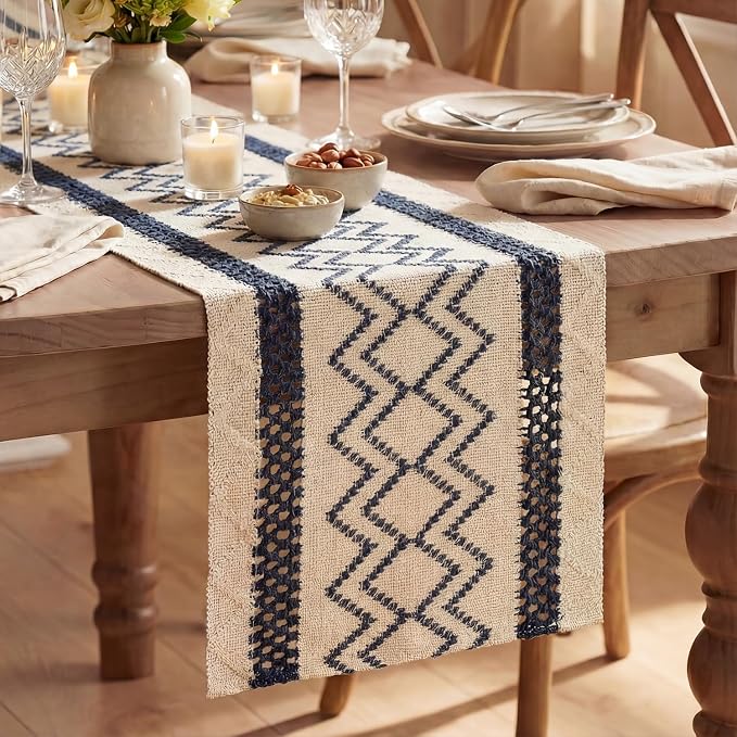 Artoid Mode Dark Blue Stripe Diamond Woven Table Runner 12x72 Inch | Holiday by ArtoidMode