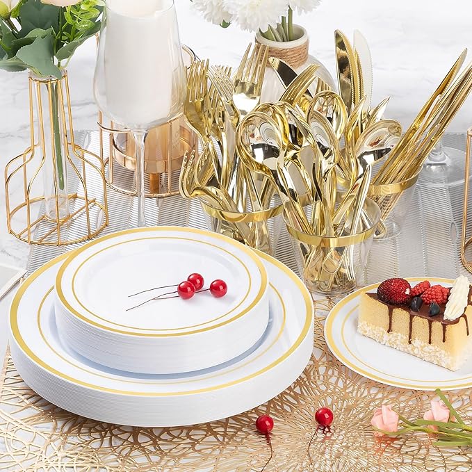 BESTVIP 300PCS Gold Plastic Plate Set (50 Guests), Plastic Plates for Party Wedding Birthday, Disposable Dinnerware Set of 100 Plates, 100 Forks, 50 Spoons, 50 Knives for Christmas