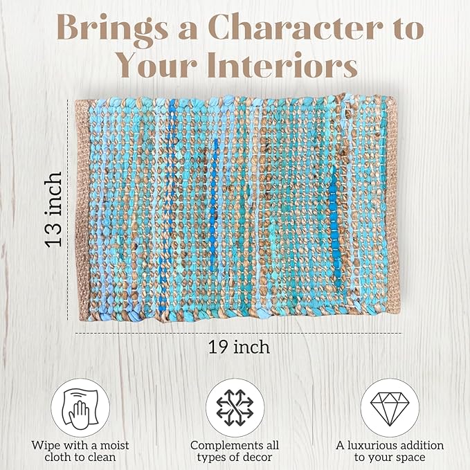 Perilla Home Natural Chindi Jute Placemats Set of 4 Vintage Boho 13x19 Inch Table Mats for Kitchen Dining Home Decor Rectangle Turquoise Stripe Rustic Placemat